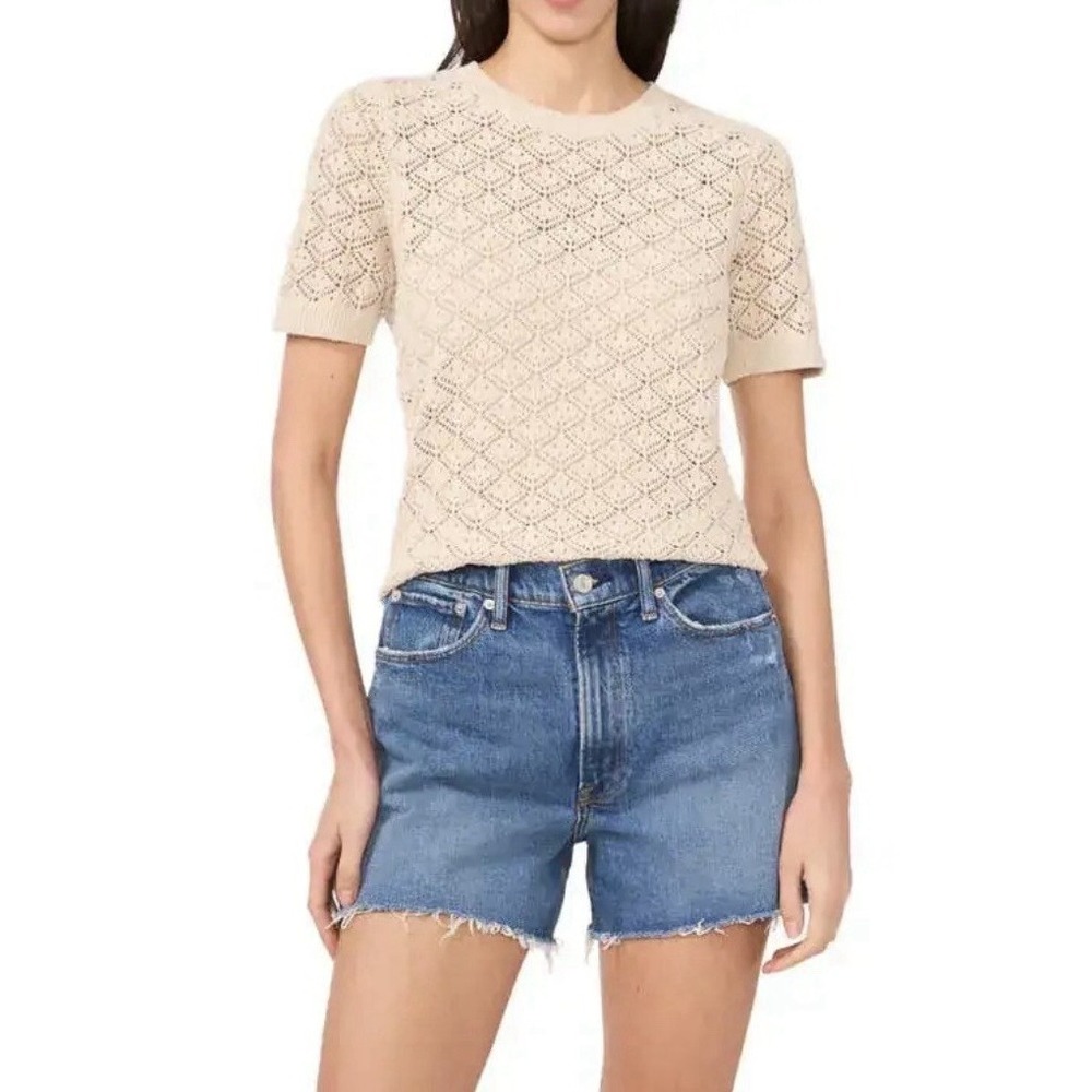 Vince Camuto Pointelle Short Sleeve Sweater Size Medium Beige Open Knit Top